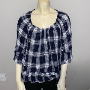 Blue and White plaid blouse with white pearls. Size XL. Make an offer.